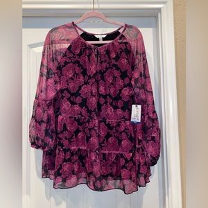 Terra & Sky Black Wine Roses Peasant Top Size 1X 16/18W NWT